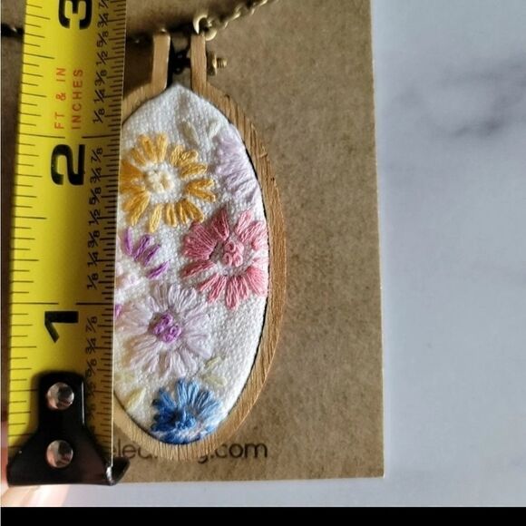 Hand Embroidered floral cottagecore necklace wooden Path Less Raveled homemade - Picture 2 of 5
